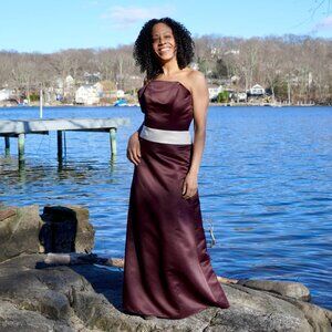 Brown Belted Maxi Prom Dress